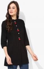 Sangria Band Collar Self Textured Cotton Tunic With 3/4Th Sleeves women