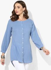 Sangria Blue Round Neck 3/4th Sleeves Blue Chambray Tunic With Embroidery Highlight At Neck And Placket women