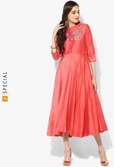 Sangria Coral Embroidered Band Collar Circular Anarkali With 3/4th Sleeves women