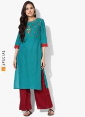 Sangria Embroidered Round Neck Straight Fit Kurta With 3/4th Sleeves women