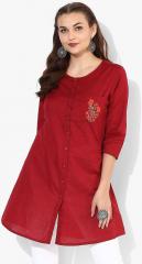 Sangria Embroidered Round Neck Tunic With Full Button Placket And 3/4Th Sleeves women