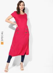 Sangria Fuchsia Round Neck Straight Fit Kurat With Embroidered Pocket Detail And Elbow Sleeves women