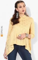 Sangria Gold Foil Printed Shirt Collar High Low Top With Full Placket And Three Fourth Sleeves women