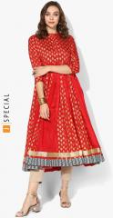 Sangria Gold Printed Band Collar Paneled Anarkali With 3/4th Sleeves women