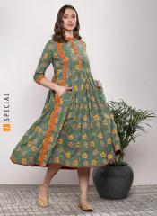 Sangria Green & Mustard Yellow Printed Fit and Flare Ethnic Dress women