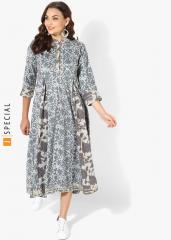 Sangria Grey Round Neck Box Pleated Anarkali With 3/4th Sleeves women