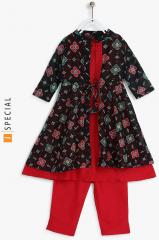 Sangria Kids Band Collar Printed Kurta With Dhori At Front 3/4th Sleeves Teamed With Pants girls
