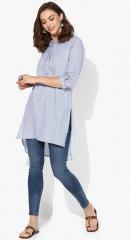 Sangria Mandarin Collar 3/4Th Sleeves Yarn Dyed Checks Tunic With Embroidery Highlight On Placket women
