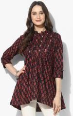 Sangria Mandarin Collar Printed Cotton Top With Roll Up Sleeve And Embroidered Pin Tuck Yoke Detail women