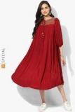 Sangria Maroon Self Design Round Neck Crinckled Rayon Dress With Embroidered Yoke Detail women