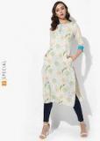 Sangria Multi Printed Round Neck Straight Fit Kurta With 3/4th Rolled Up Sleeves women