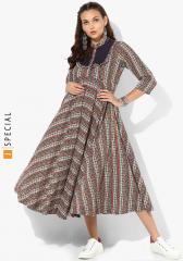 Sangria Multicoloured Printed Band Collar Anarkali With Button Placket Detail And 3/4 Rolled Up Sleeves women