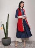 Sangria Navy Blue & Beige Solid Band Collar Anarkali With Palazzo women