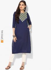 Sangria Navy Blue Embroidered Band Collar Straight Fit Kurta With 3/4th Sleeves women