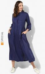 Sangria Navy Blue Solid Band Collar Flared Kurta With Full Button Placket And Bell Sleeve women