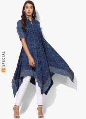 Sangria Printed Band Collar High Low Flared Kurta With Elbow Length Sleeves women