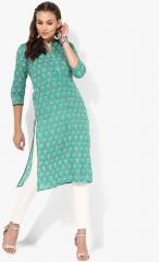 Sangria Printed Band Collar Straight Fit Kurta With 3/4th Sleeves women