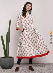 Sangria Printed Round Neck Anarkali With Button Detail And 3/4th Sleeves women