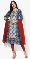 Sangria Round Neck 3/4Th Sleeves Kurta With Thread Detailing At Placket With Churidar And Red Dupatta women