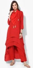 Sangria Round Neck 3/4Th Sleeves Rayon Layered Hi Low Hem Kurta Along With Solid Crop Pants And Scarf women