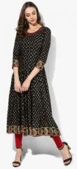 Sangria Round Neck Black & Gold Print Anarkali With Mirror Embroidery On Neck & 3/4Th Sleeves women
