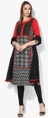 Sangria Round Neck Black And White Kurta With Solid Yoke With Embroidery And Solid Sleeves Knit Churidarand Crushed Dupatta women