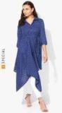 Sangria Shirt Collar Printed Cotton Asymmetric Hem Dress With 3/4Th Rolled Up Sleeve women