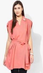 Sangria Short Sleeves Crepe Boxy Tunic With Solid On Collar And Tie Up Belt women