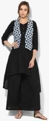 Sangria Solid Round Neck Kurta With 3/4Th Sleeves And Flared Palazzo And Short Dabu Print Sleevless Jacket women