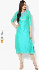 Sangria Turquoise Blue Chanderi Round Neck Straight Fit Kurta With Lace Detail And 3/4th Sleeves women