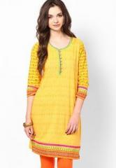 Sangria Yellow Printed Round Neck Thigh High Cotton Kurti With 3/4Th Sleeves women