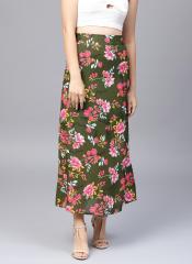Sassafras Olive Green & Pink Floral Maxi Flared Skirt women