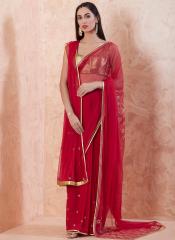 Satya Paul Red Net Embroidered Saree women
