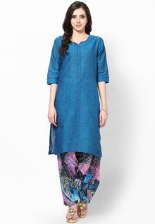 Shree Aqua Blue Printed Cotton Kurta With Patiala Salwar women
