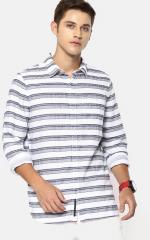 Single White & Blue Slim Fit Striped Casual Shirt men