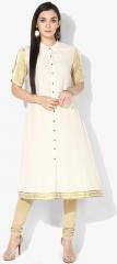 Taavi Off White Solid Kasavu A Line Kurta with Cold Shoulders women