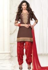 Touch Trends Brown Embroidered Dress Material women