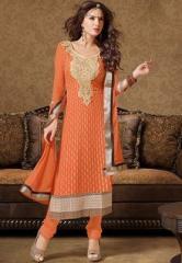 Touch Trends Orange Embroidered Dress Materials women