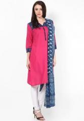 Trishaa By Pantaloons Pink Cotton Kurta With Dupatta women