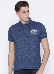 U S Polo Assn Denim Co Blue Self Design Regular Fit Polo T shirt men