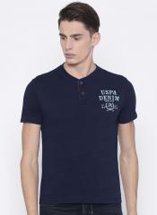 U S Polo Assn Denim Co Navy Blue Solid Regular Fit Henley T shirt men