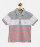 United Colors of Benetton Boys Grey Melange & Pink Striped Polo Collar T shirt