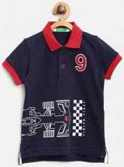 United Colors of Benetton Boys Navy Printed Polo Collar T shirt