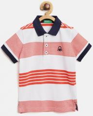 United Colors of Benetton Boys White & Orange Striped Polo Collar T shirt