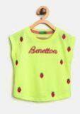 United Colors of Benetton Girls Fluorescent Green Embroidered Top