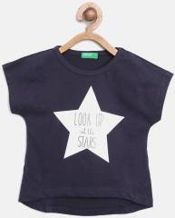 United Colors of Benetton Girls Navy Blue Printed Round Neck T shirt
