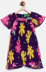 United Colors Of Benetton Purple & Yellow Printed Accordion Pleat A Line Dress girls
