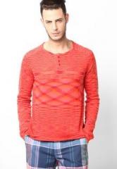 United Colors Of Benetton Red Printed Henley T Shirt men