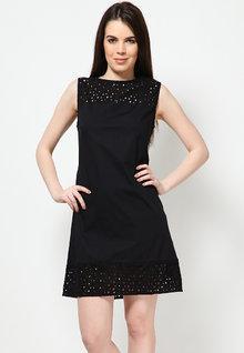 United Colors Of Benetton Sleeveless Round Neck Black Dress With Crochet Detail women