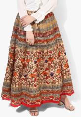 Vedic Beige Printed Flared Skirt women